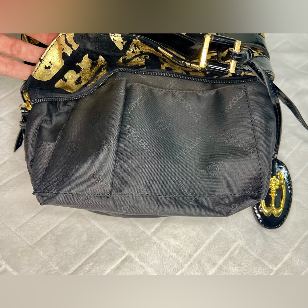 BRACCIALINI BLACK PATENT LEATHER AND GOLD HANDBAG MADE IN ITALY EUC - Picture 11 of 11